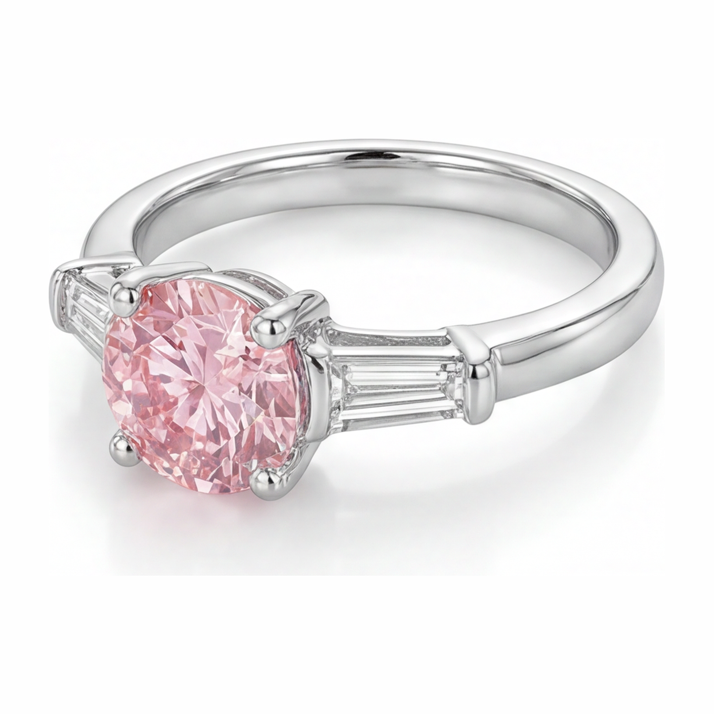 Anello a tre pietre con diamante rosa da laboratorio taglio rotondo da 3,5 carati in oro bianco 14K