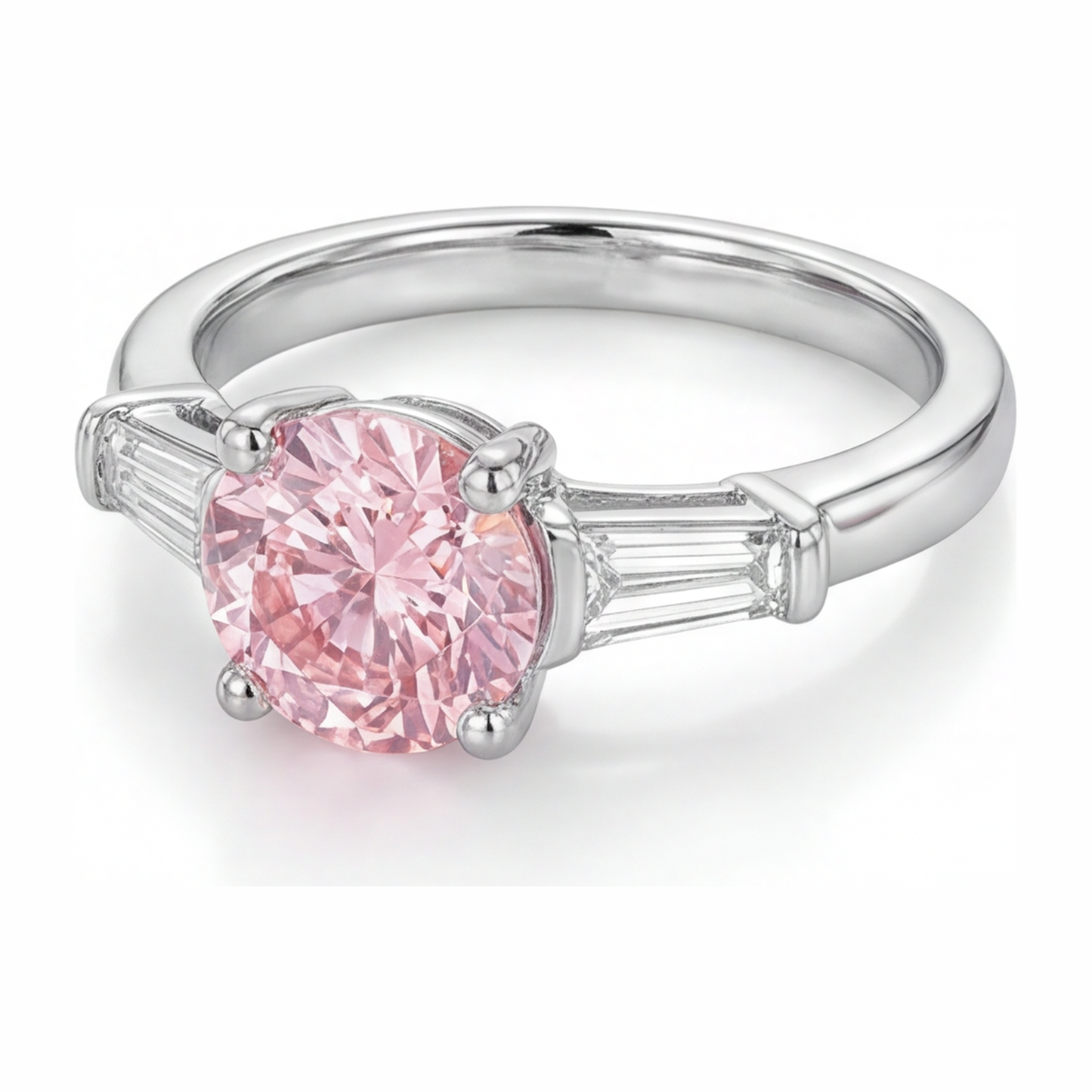 Anello a tre pietre con diamante rosa da laboratorio taglio rotondo da 3,5 carati in oro bianco 14K