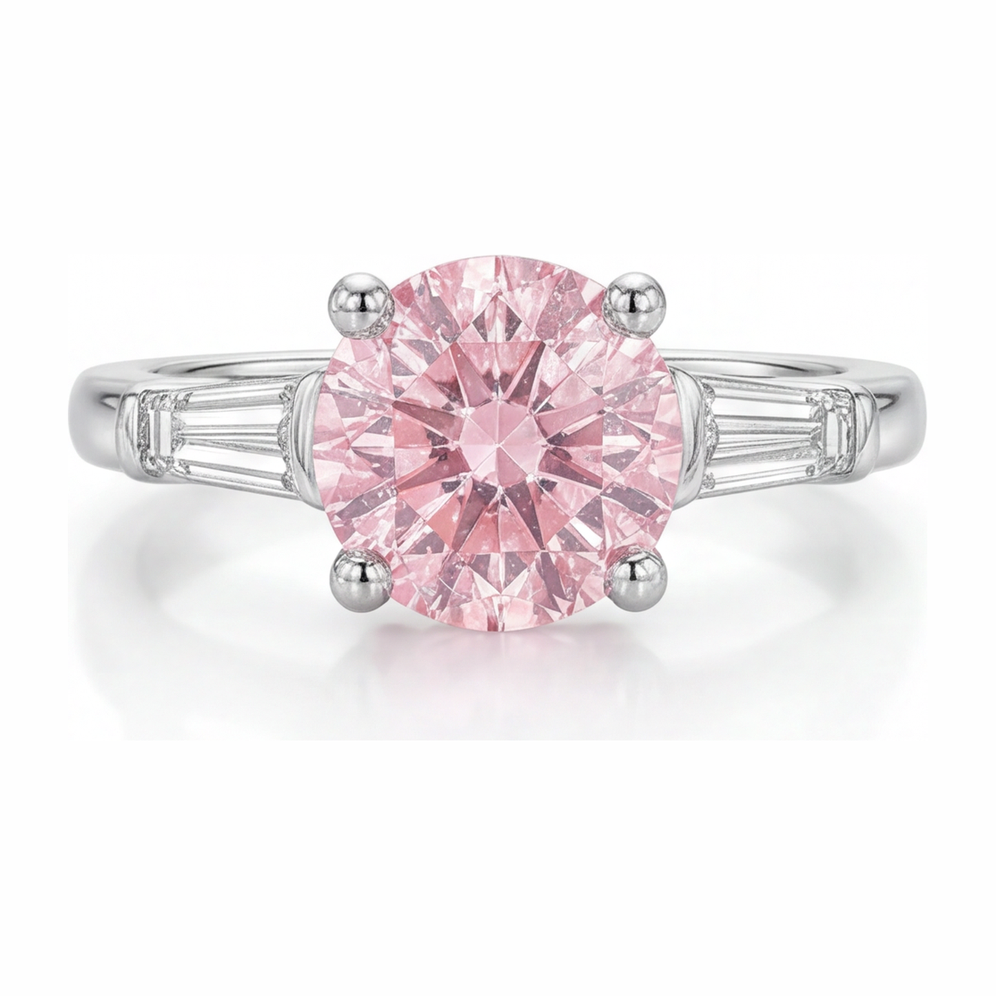 Anello a tre pietre con diamante rosa da laboratorio taglio rotondo da 3,5 carati in oro bianco 14K