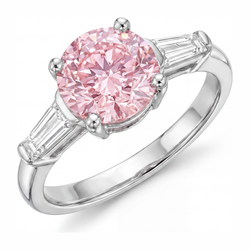 Anello a tre pietre con diamante rosa da laboratorio taglio rotondo da 3,5 carati in oro bianco 14K