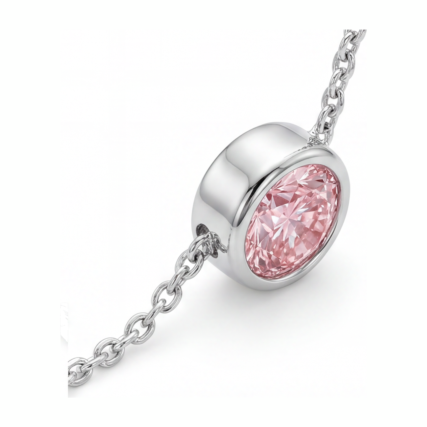 Collana con ciondolo a lunetta con diamante rosa rotondo da 3,5 carati da laboratorio in Oro Bianco 14 carati