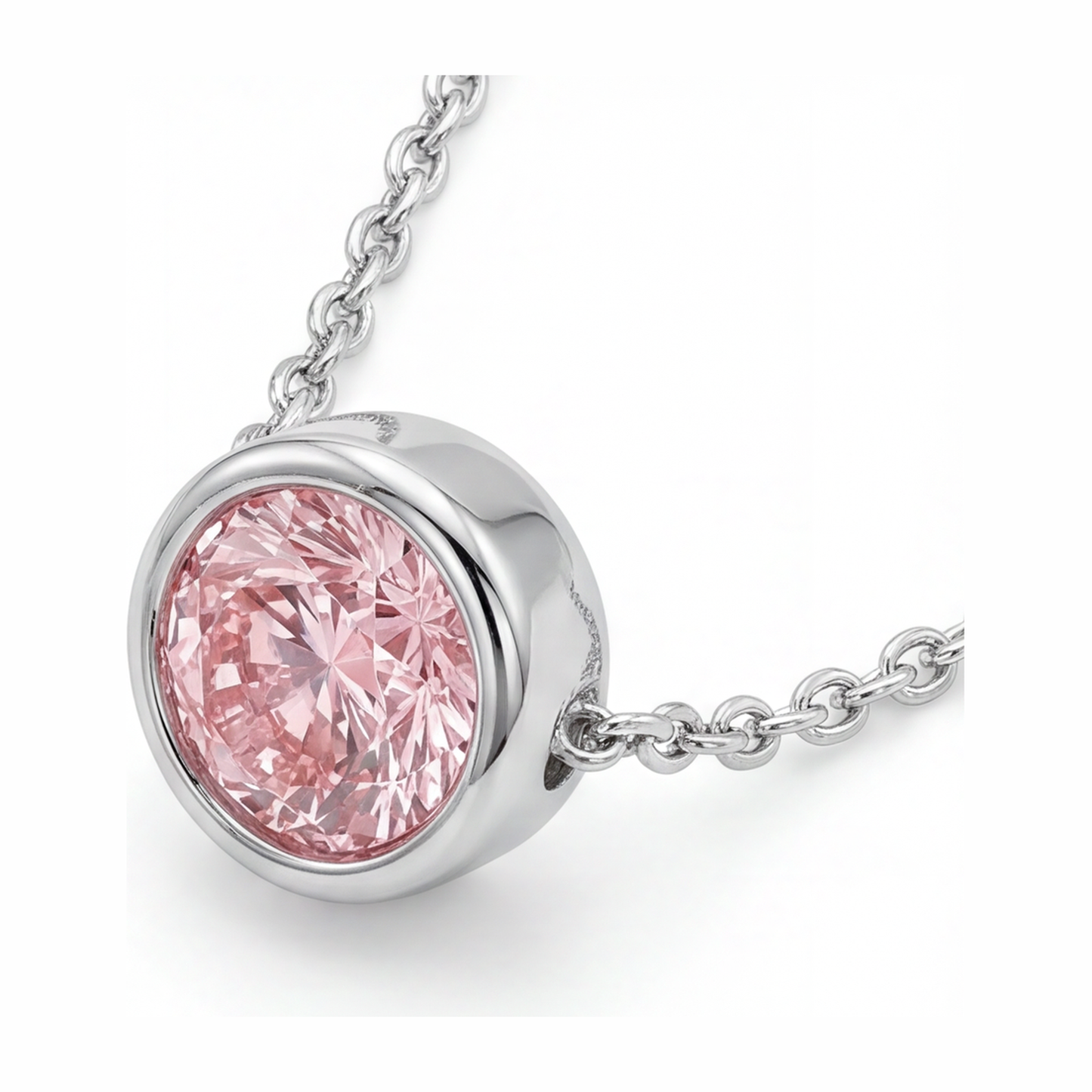 Collana con ciondolo a lunetta con diamante rosa rotondo da 3,5 carati da laboratorio in Oro Bianco 14 carati