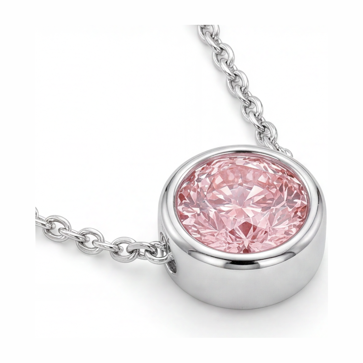 Collana con ciondolo a lunetta con diamante rosa rotondo da 3,5 carati da laboratorio in Oro Bianco 14 carati