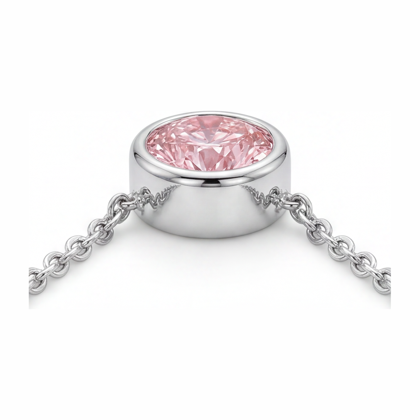 Collana con ciondolo a lunetta con diamante rosa rotondo da 3,5 carati da laboratorio in Oro Bianco 14 carati