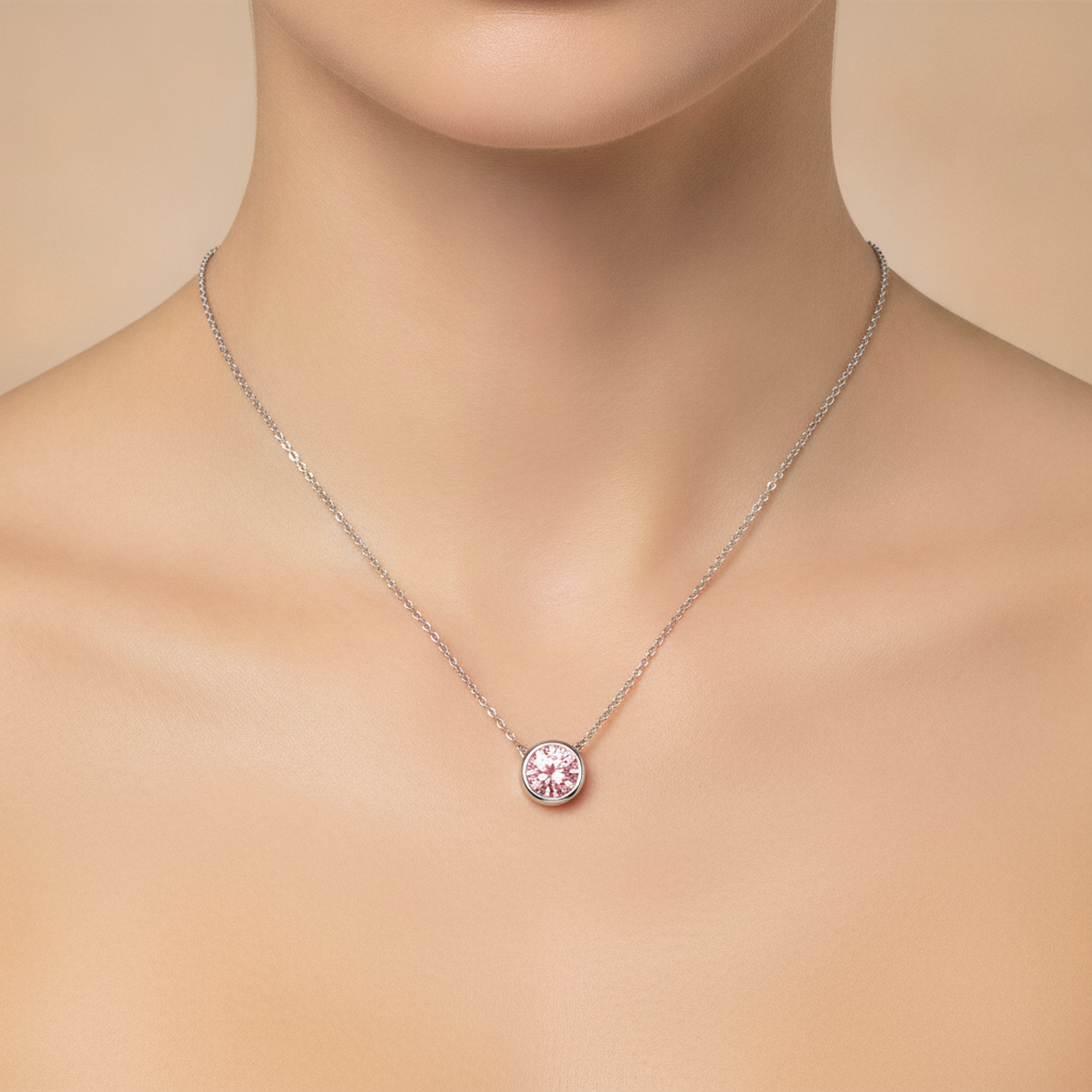 Collana con ciondolo a lunetta con diamante rosa rotondo da 3,5 carati da laboratorio in Oro Bianco 14 carati