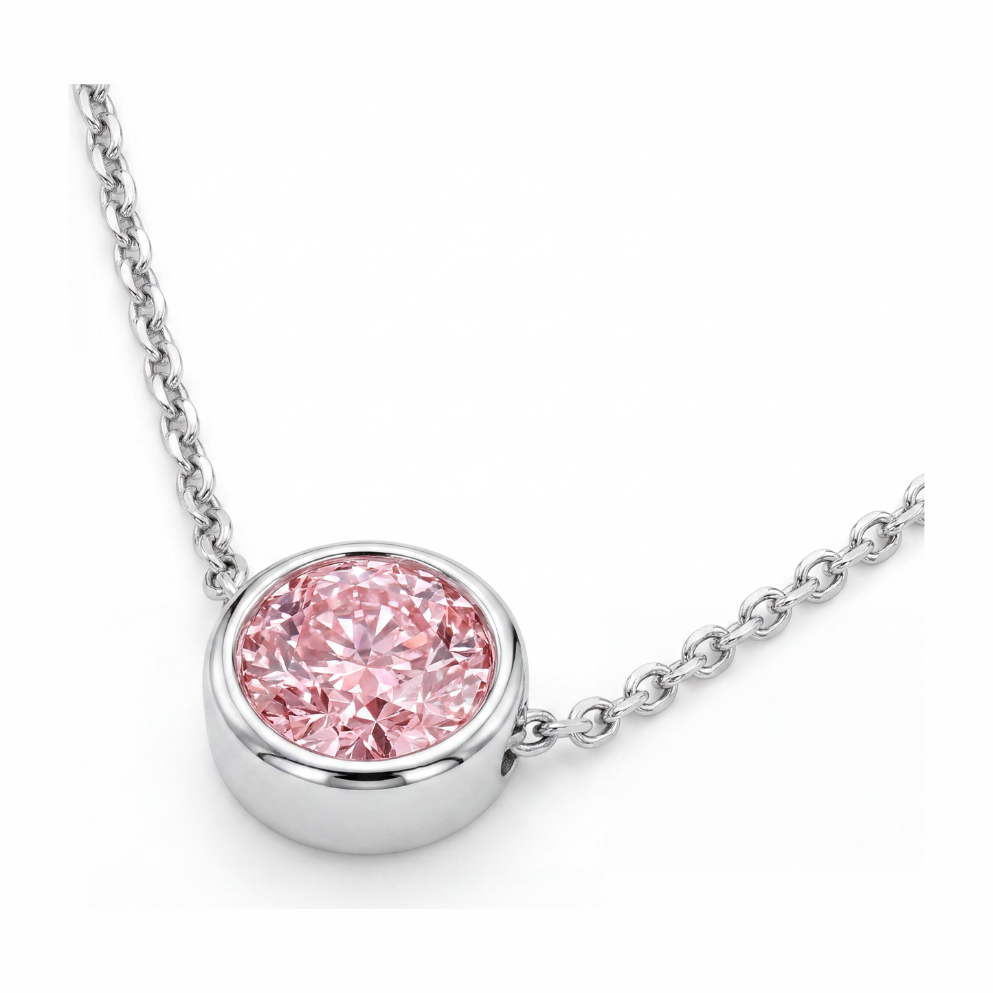 Collana con ciondolo a lunetta con diamante rosa rotondo da 3,5 carati da laboratorio in Oro Bianco 14 carati