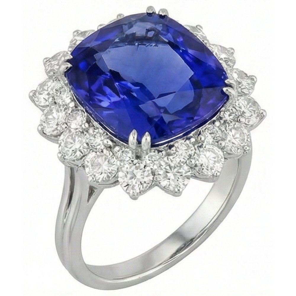 3.50 Carati Cuscino Tanzanite E Anello Di Diamanti in Oro Bianco 14k