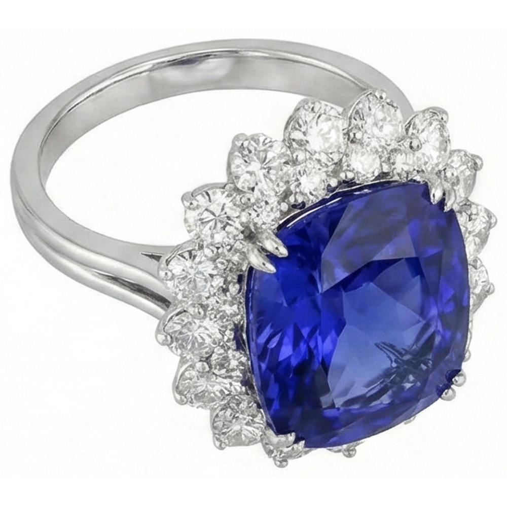 3.50 Carati Cuscino Tanzanite E Anello Di Diamanti in Oro Bianco 14k