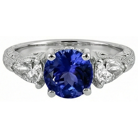 3.50 carati anello rotondo tanzanite e trilioni di diamanti gioielli in 3 pietre