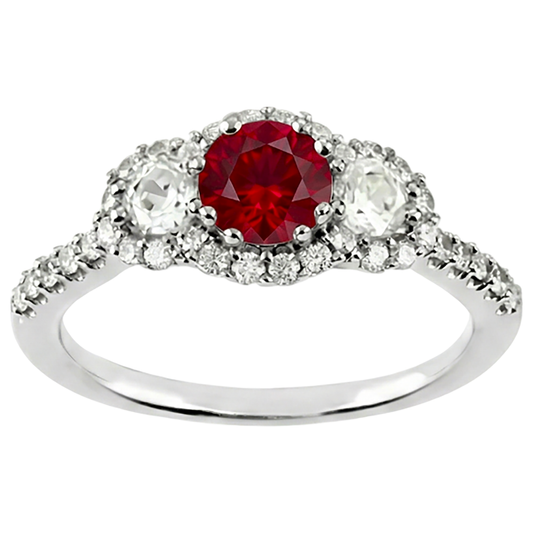 3.50 carati rotondo rosso rubino diamante 3 pietre stile anello oro bianco 14K