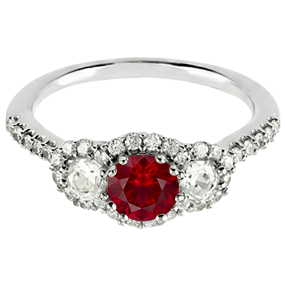 3.50 carati rotondo rosso rubino diamante 3 pietre stile anello oro bianco 14K