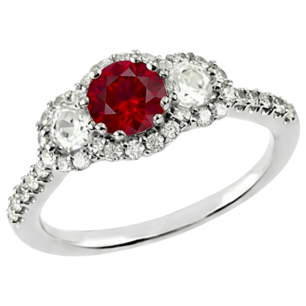 3.50 carati rotondo rosso rubino diamante 3 pietre stile anello oro bianco 14K
