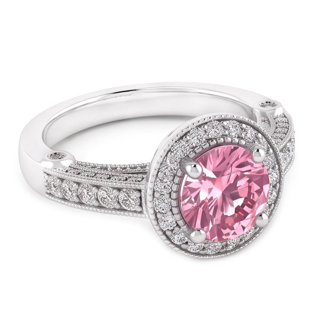 3.71 carati Halo rosa zaffiro solitario con accenti anello di fidanzamento