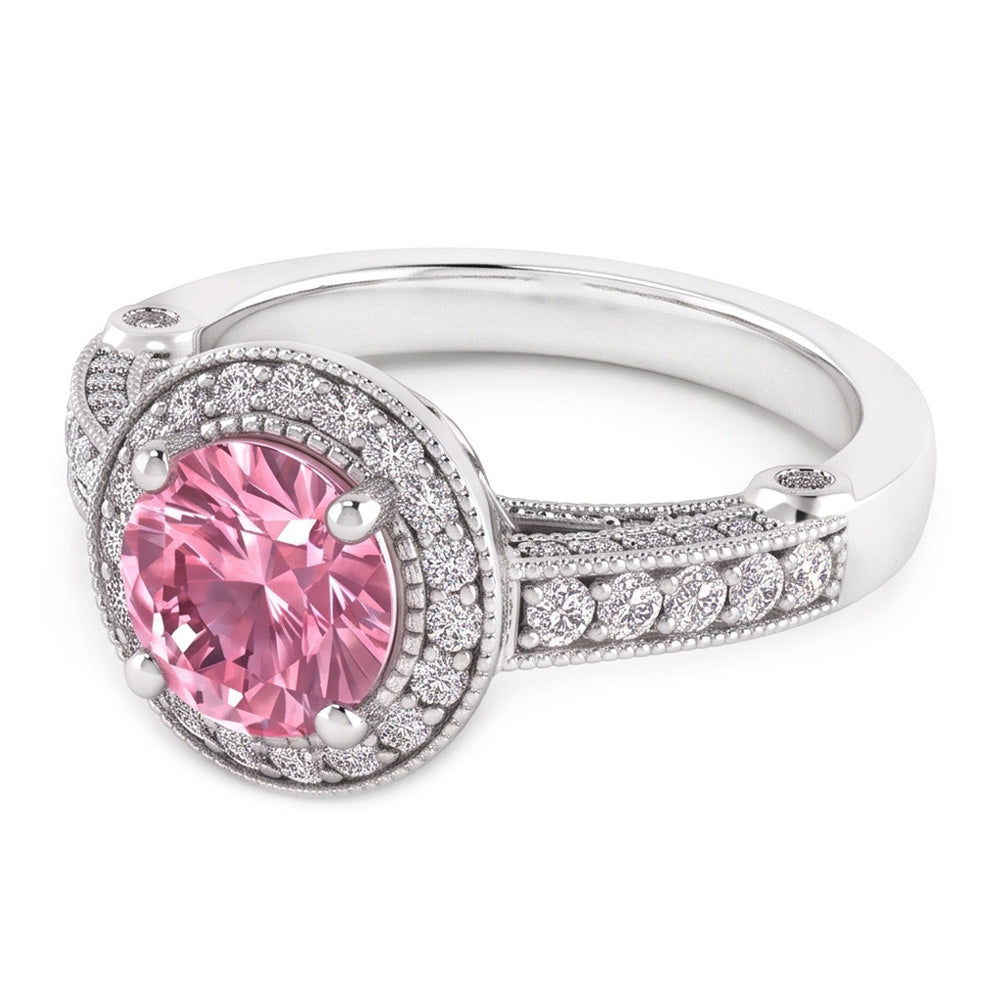 3.71 carati Halo rosa zaffiro solitario con accenti anello di fidanzamento