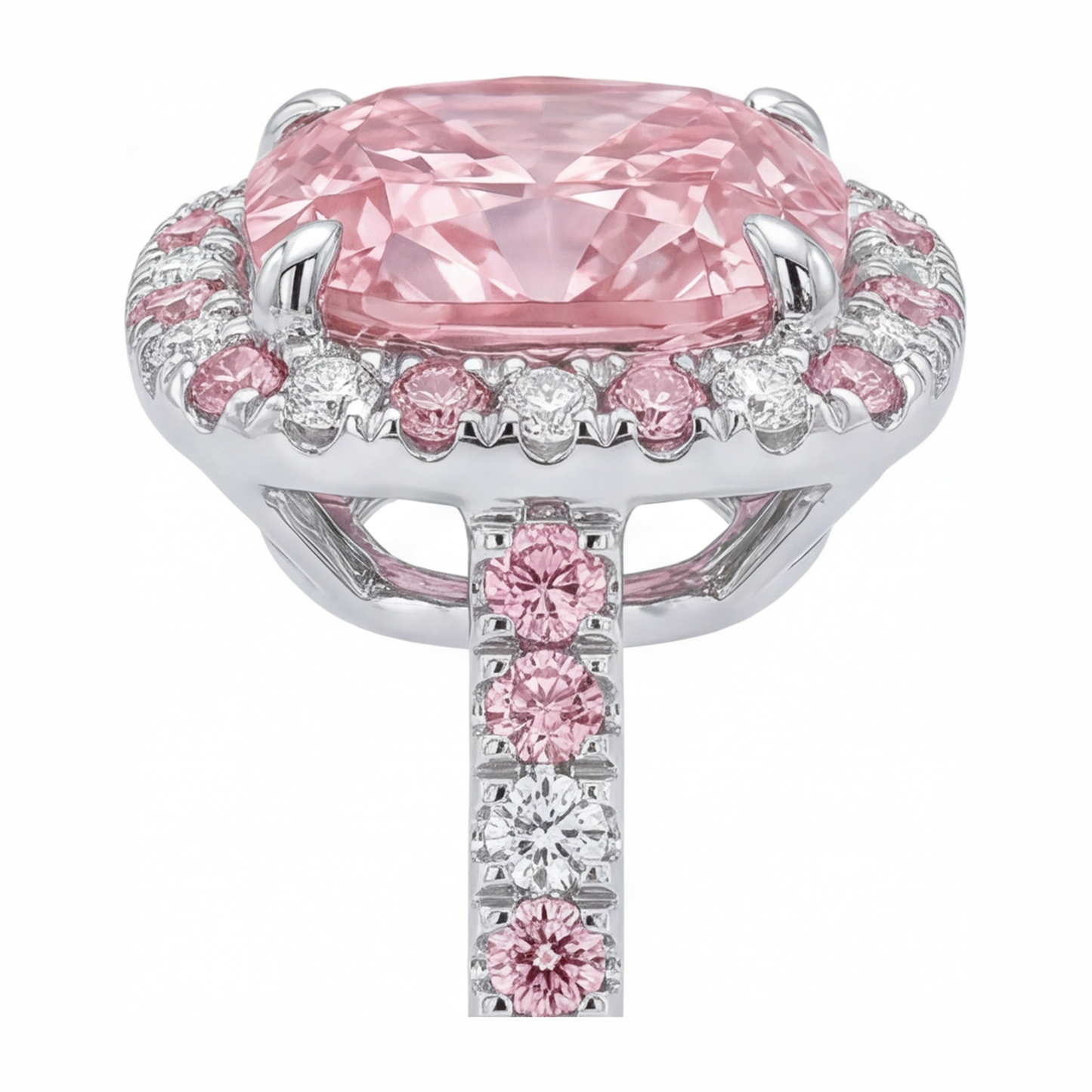 Anello Halo con Diamante Rosa da Laboratorio Taglio Cuscino da 3,75 Carati in Oro Bianco 14K