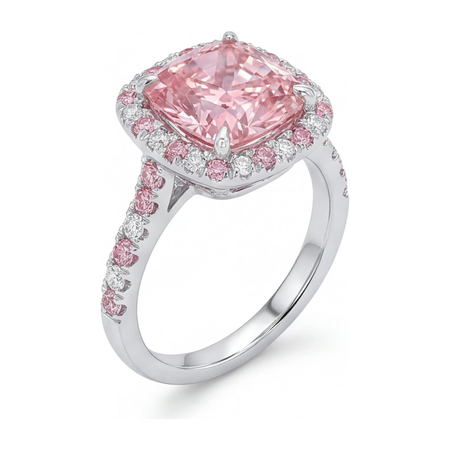 Anello Halo con Diamante Rosa da Laboratorio Taglio Cuscino da 3,75 Carati in Oro Bianco 14K