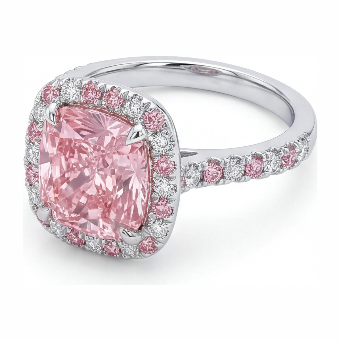 Anello Halo con Diamante Rosa da Laboratorio Taglio Cuscino da 3,75 Carati in Oro Bianco 14K