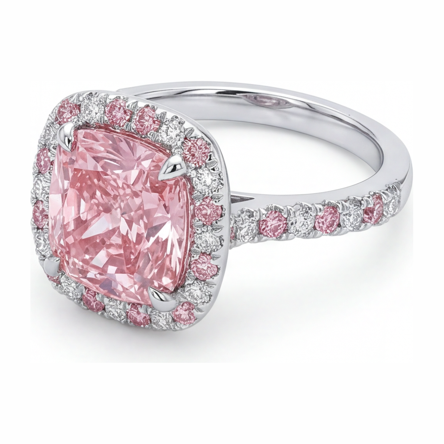 Anello Halo con Diamante Rosa da Laboratorio Taglio Cuscino da 3,75 Carati in Oro Bianco 14K