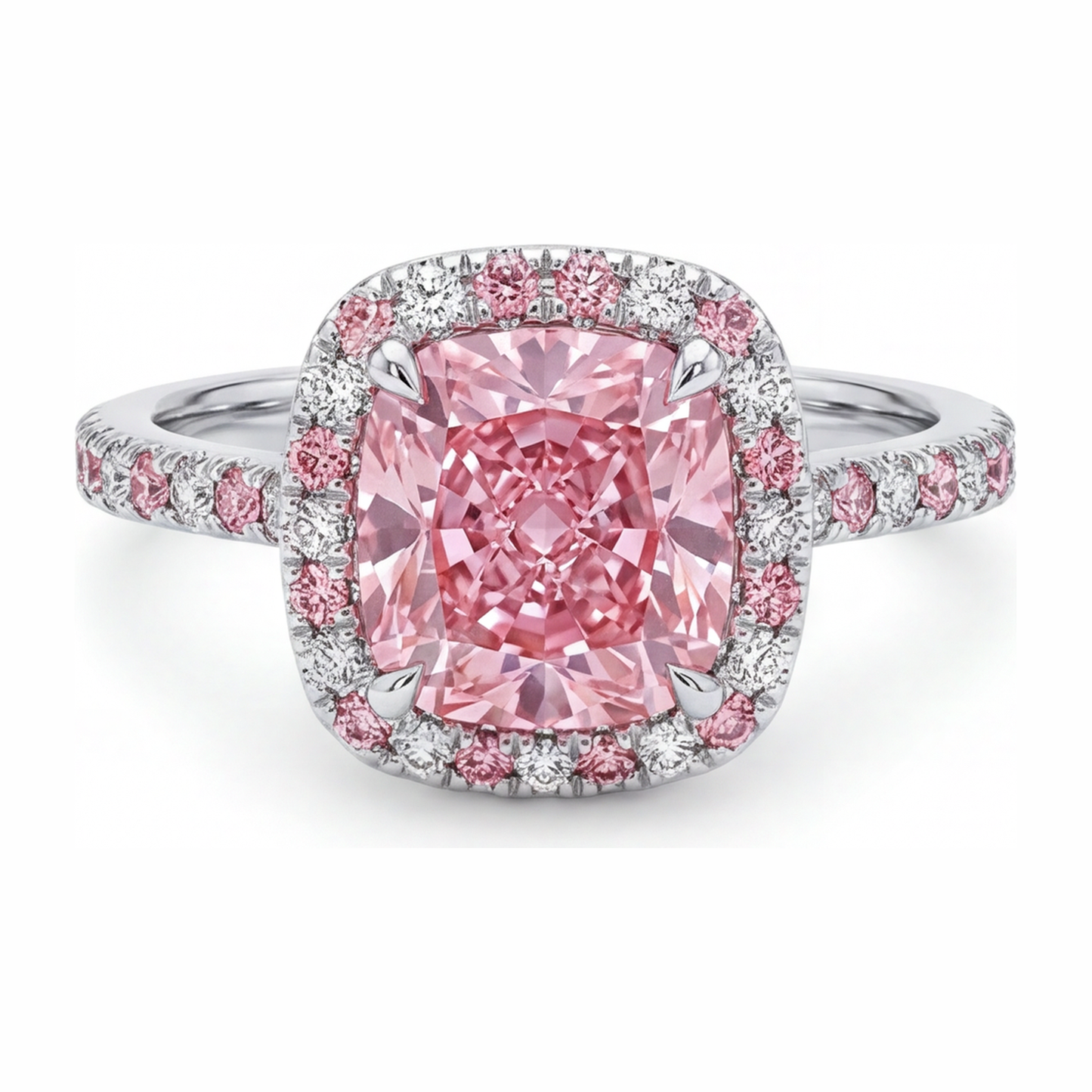 Anello Halo con Diamante Rosa da Laboratorio Taglio Cuscino da 3,75 Carati in Oro Bianco 14K