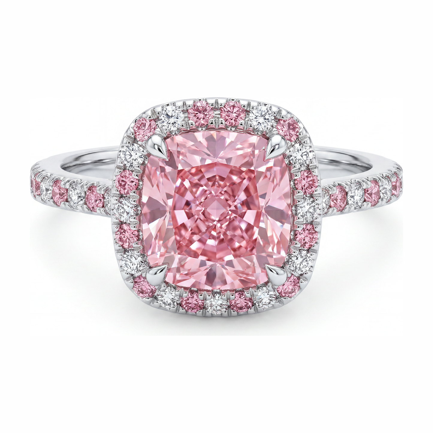 Anello Halo con Diamante Rosa da Laboratorio Taglio Cuscino da 3,75 Carati in Oro Bianco 14K
