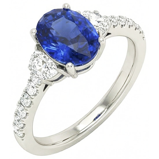 3 Anello Stile Pietra Ovale Blu Zaffiro 6.75 Carati Autentico Oro Bianco