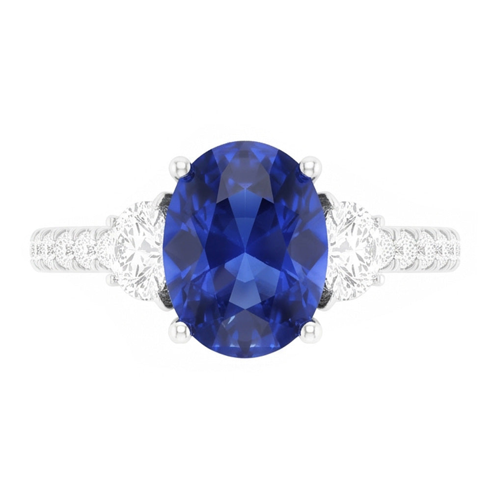 3 Anello Stile Pietra Ovale Blu Zaffiro 6.75 Carati Autentico Oro Bianco