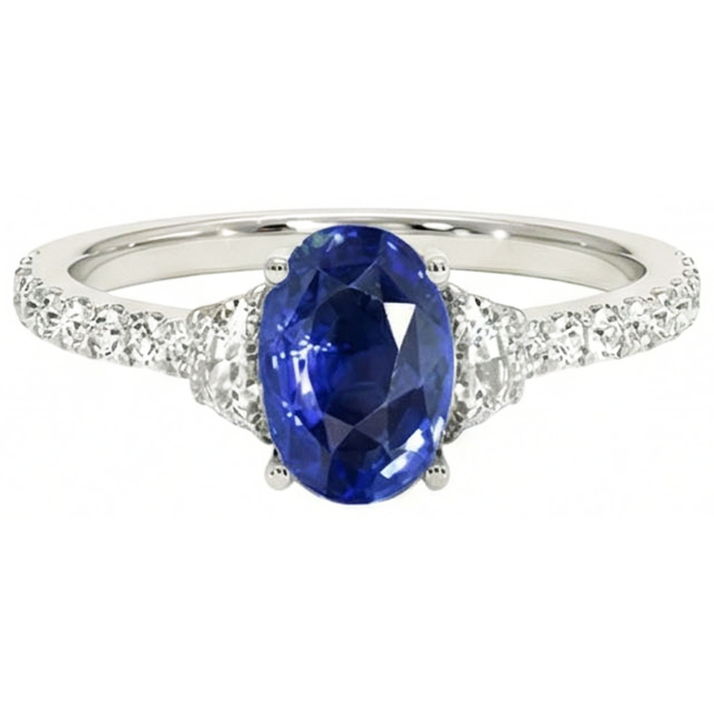 3 Anello Stile Pietra Ovale Blu Zaffiro 6.75 Carati Autentico Oro Bianco