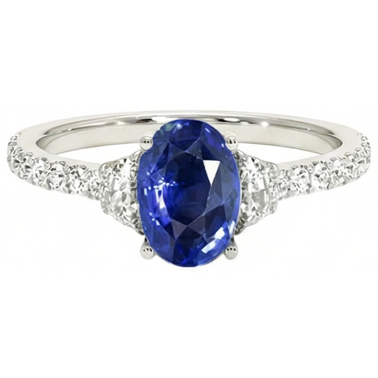 3 Anello Stile Pietra Ovale Blu Zaffiro 6.75 Carati Autentico Oro Bianco