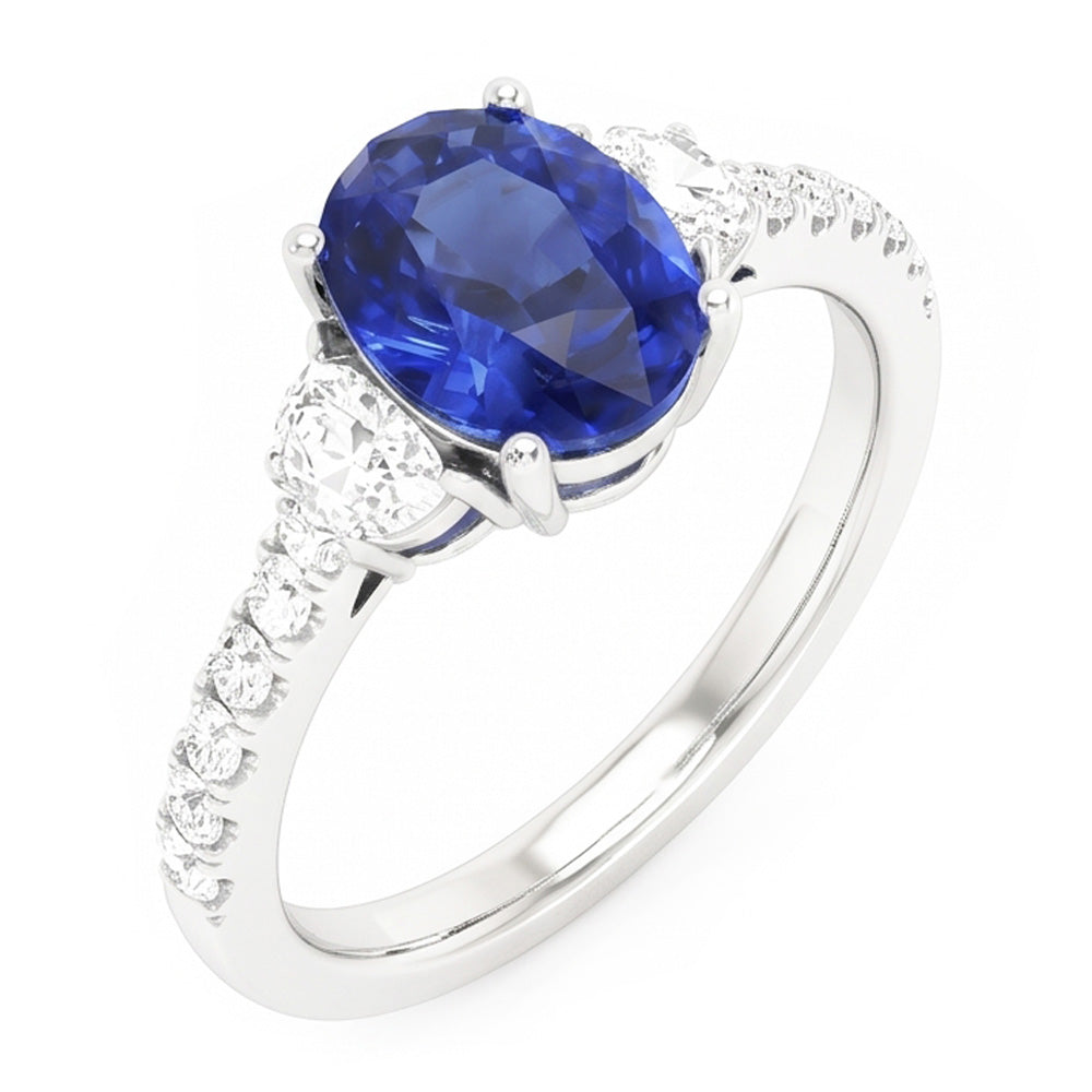 3 Anello Stile Pietra Ovale Blu Zaffiro 6.75 Carati Autentico Oro Bianco