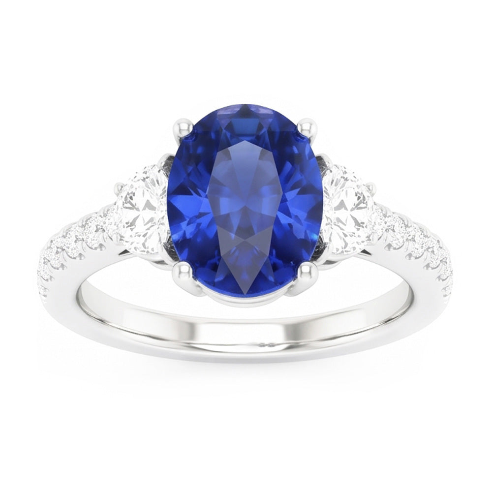 3 Anello Stile Pietra Ovale Blu Zaffiro 6.75 Carati Autentico Oro Bianco