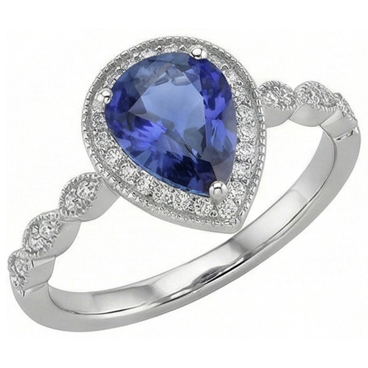 Taglio a Pera Zaffiro Blu anello in Oro 14 Carati Bianco – vista principale