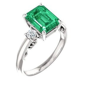 3 Pietre 15,50 Ct. Anello Verde Smeraldo Con Diamanti Set Prong WG 14K