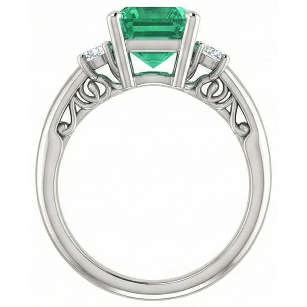 3 Pietre 15,50 Ct. Anello Verde Smeraldo Con Diamanti Naturali Autentici ( non creati in laboratorio ) Set Prong WG 14K