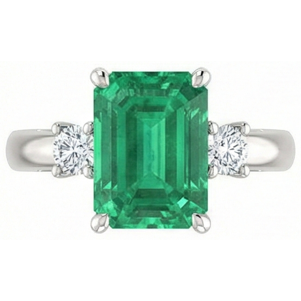 3 Pietre 15,50 Ct. Anello Verde Smeraldo Con Diamanti Naturali Autentici ( non creati in laboratorio ) Set Prong WG 14K