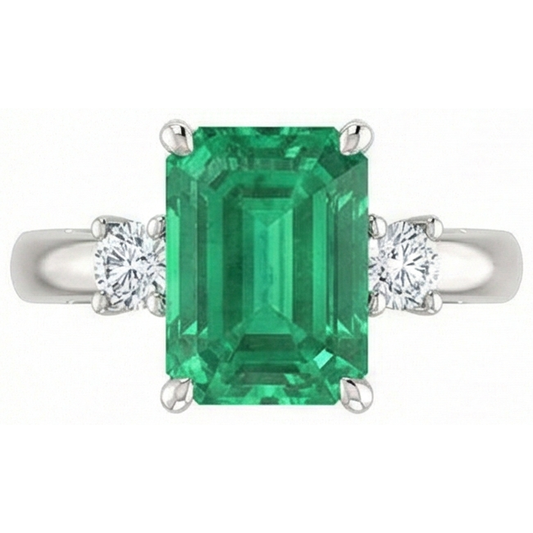 3 Pietre 15,50 Ct. Anello Verde Smeraldo Con Diamanti Naturali Autentici ( non creati in laboratorio ) Set Prong WG 14K