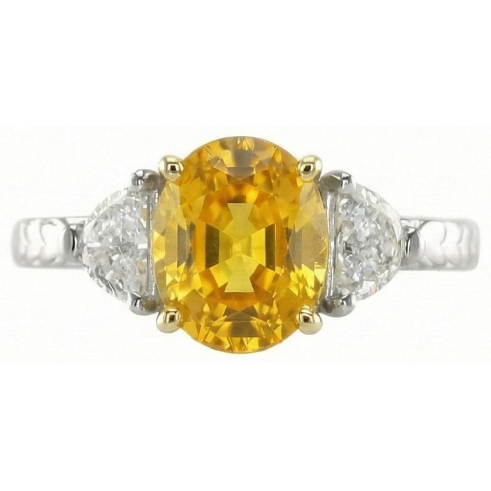 3 Pietre 4.50 Ct. Anello Ovale Zaffiro Giallo E Diamanti Oro Bianco