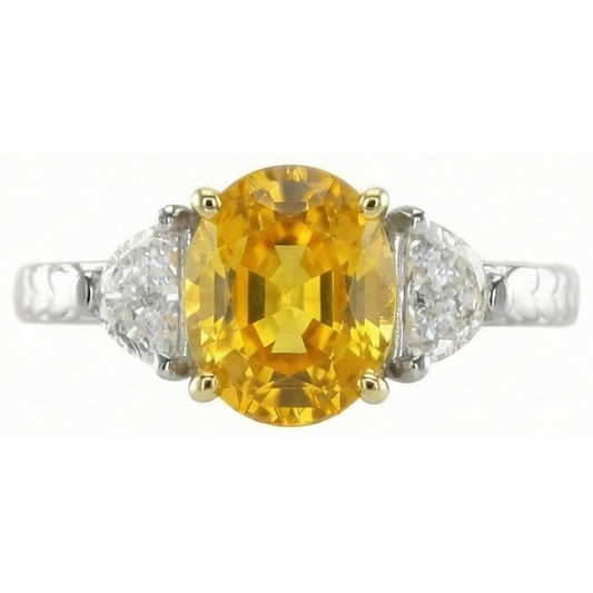 3 Pietre 4.50 Ct. Anello Ovale Zaffiro Giallo E Diamanti Oro Bianco