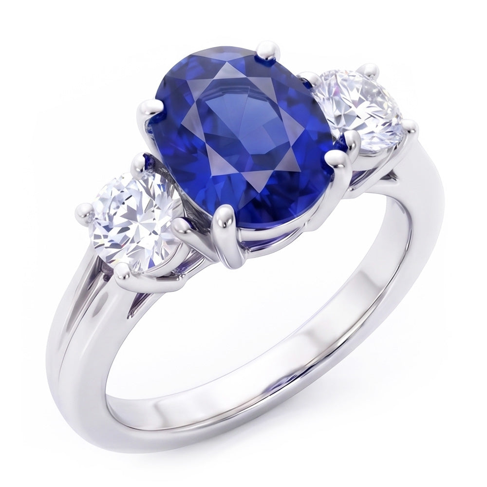 3 Pietre Anello Anniversario Con Zaffiro E Diamanti Naturali Autentici ( non creati in laboratorio ) Oro Bianco 14K