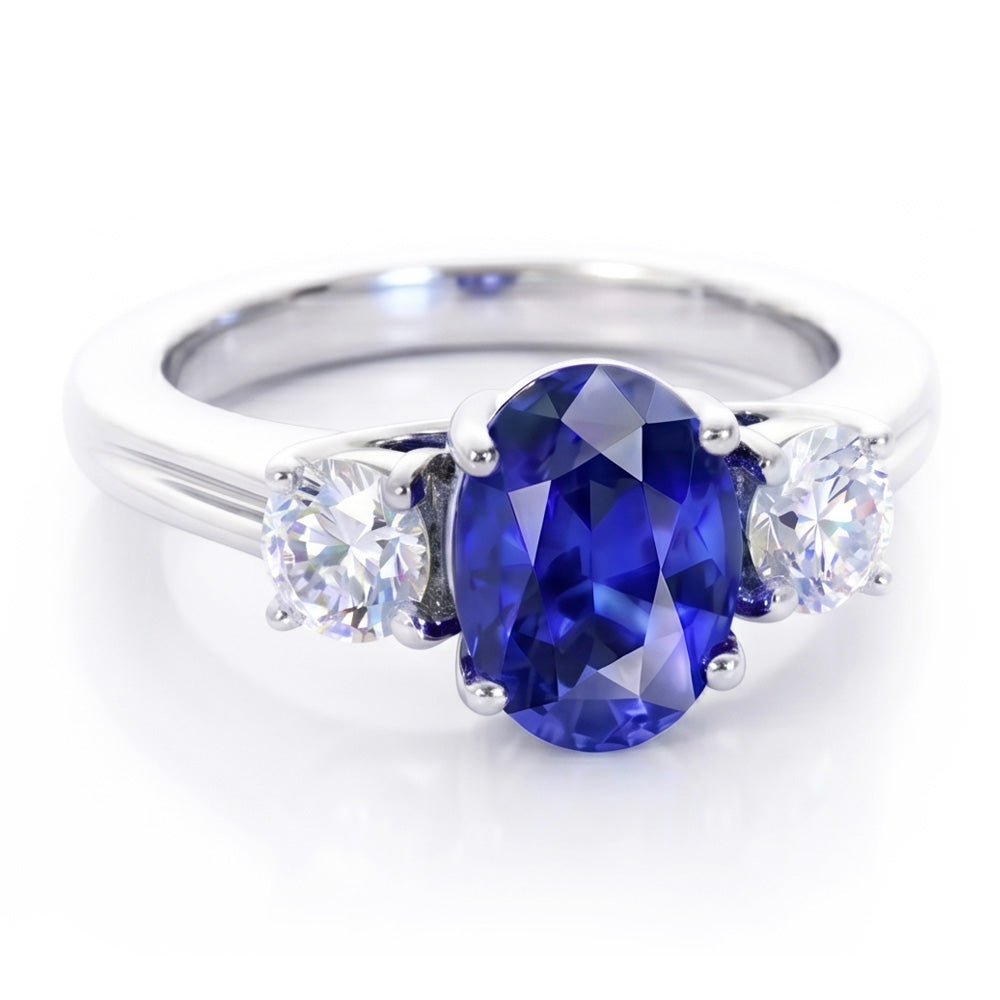 3 Pietre Anello Anniversario Con Zaffiro E Diamanti Naturali Autentici ( non creati in laboratorio ) Oro Bianco 14K
