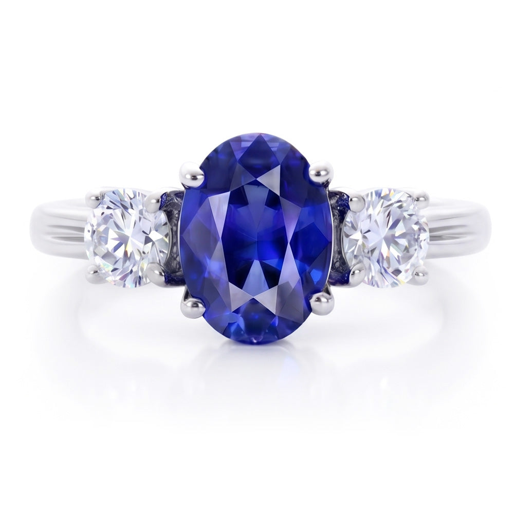 3 Pietre Anello Anniversario Con Zaffiro E Diamanti Naturali Autentici ( non creati in laboratorio ) Oro Bianco 14K