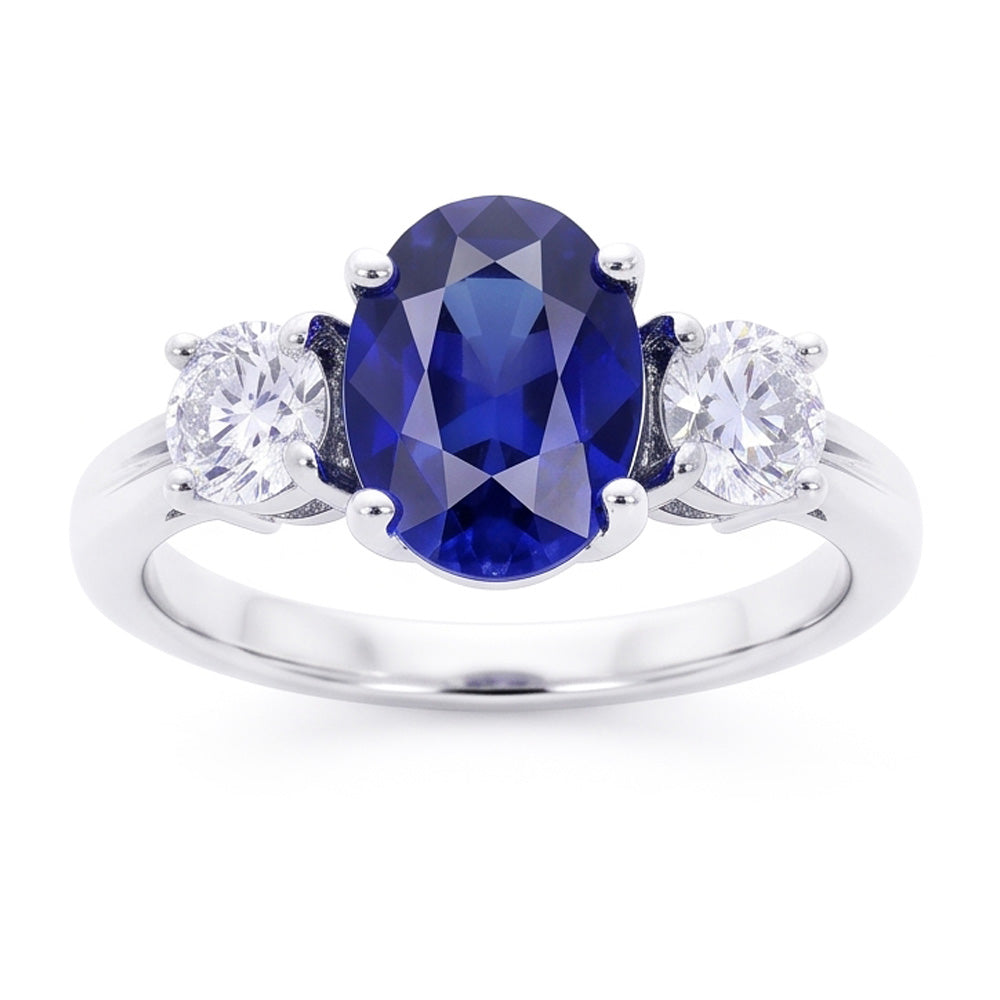 3 Pietre Anello Anniversario Con Zaffiro E Diamanti Naturali Autentici ( non creati in laboratorio ) Oro Bianco 14K