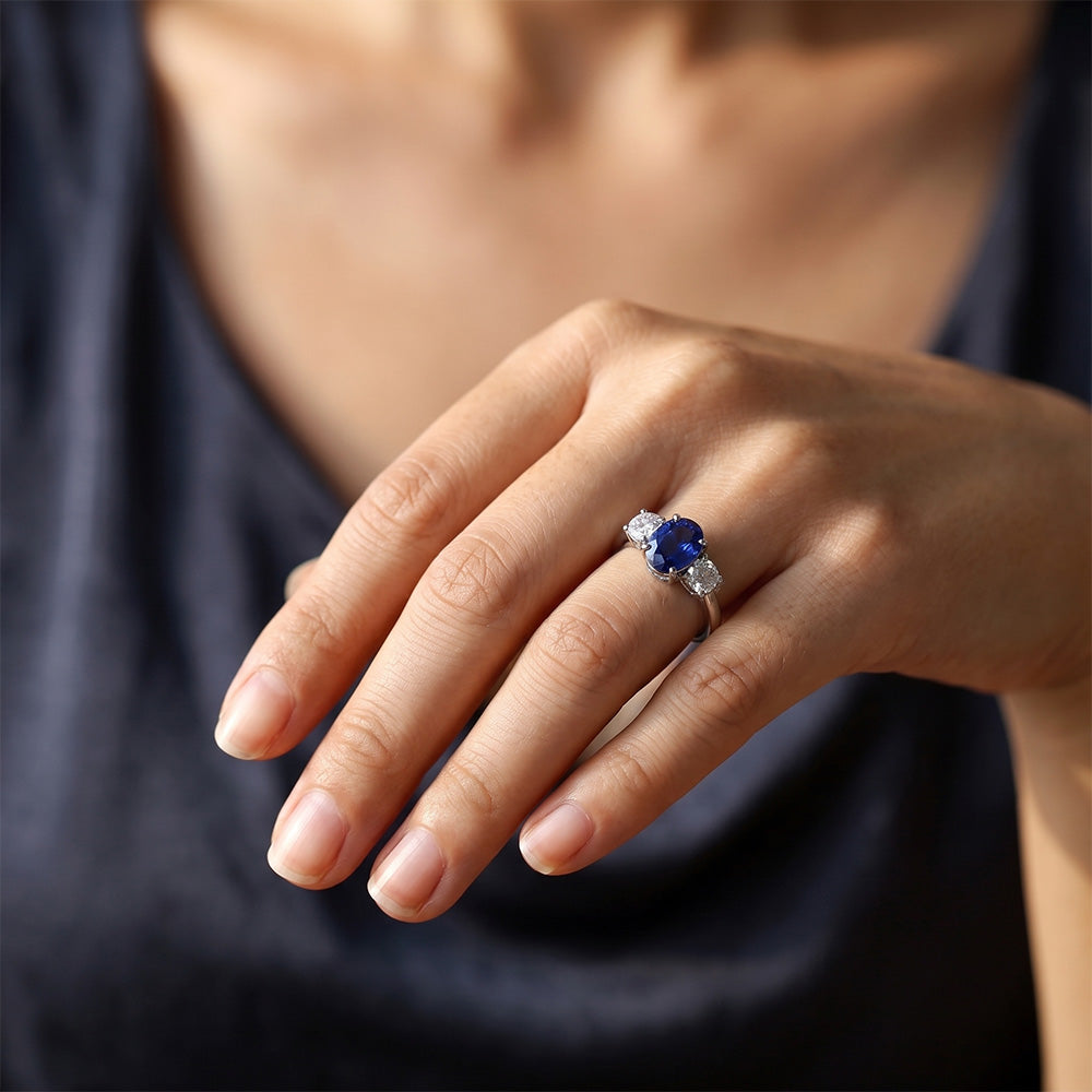 3 Pietre Anello Anniversario Con Zaffiro E Diamanti Naturali Autentici ( non creati in laboratorio ) Oro Bianco 14K