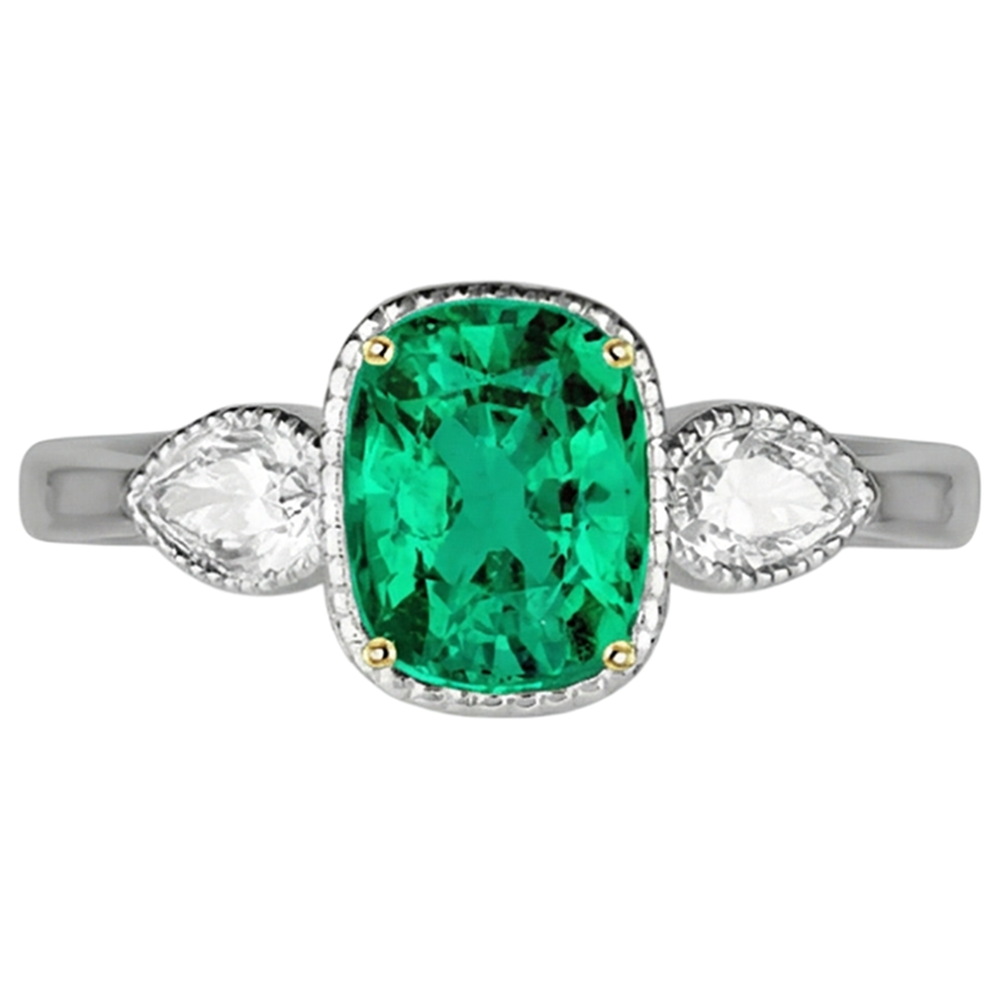 Cuscino Smeraldo Fine anello in Oro 14 Carati Bicolore – vista frontale