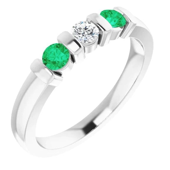 3 anello di pietra rotondo diamante smeraldo 0.90 carati bar