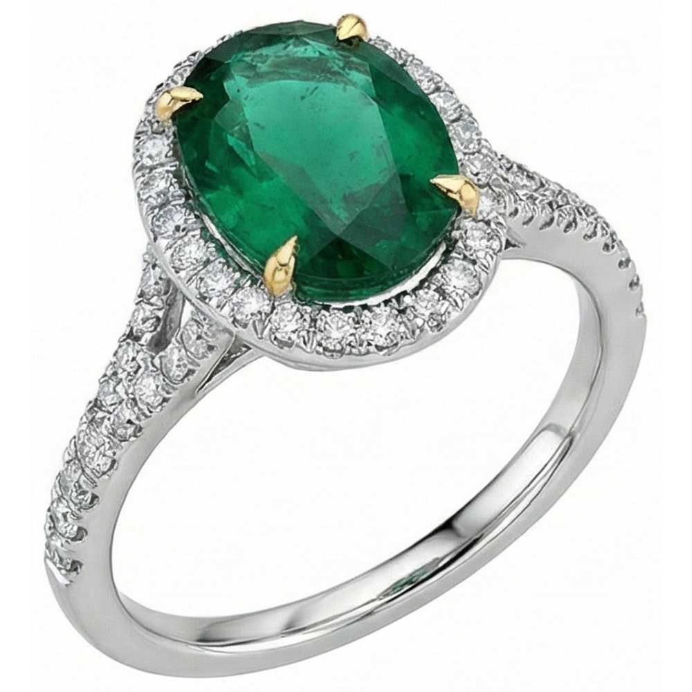 3 carati taglio ovale verde smeraldo con anello di diamanti in oro bianco 14k