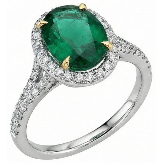 3 carati taglio ovale verde smeraldo con anello di diamanti in oro bianco 14k