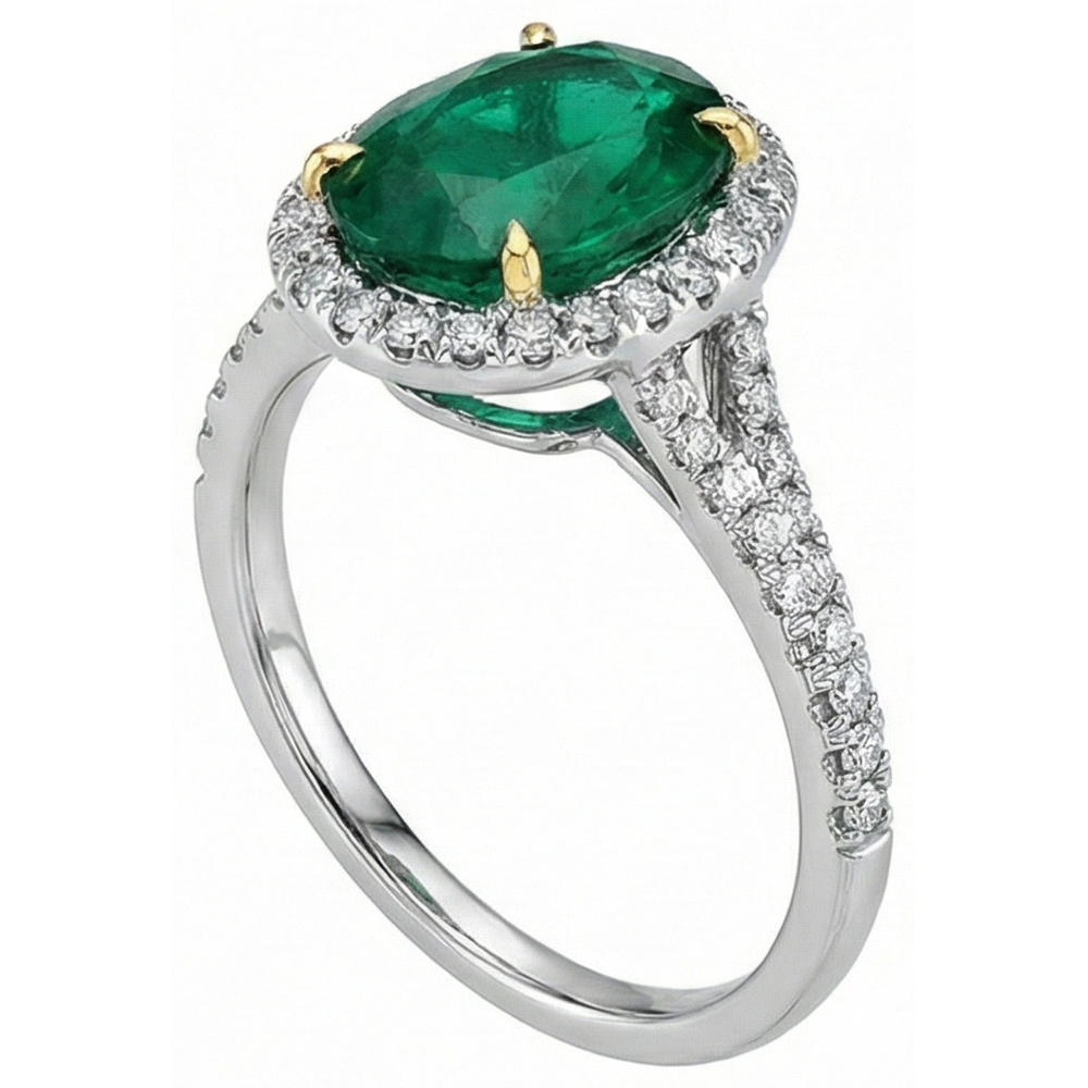 3 carati taglio ovale verde smeraldo con anello di diamanti in oro bianco 14k