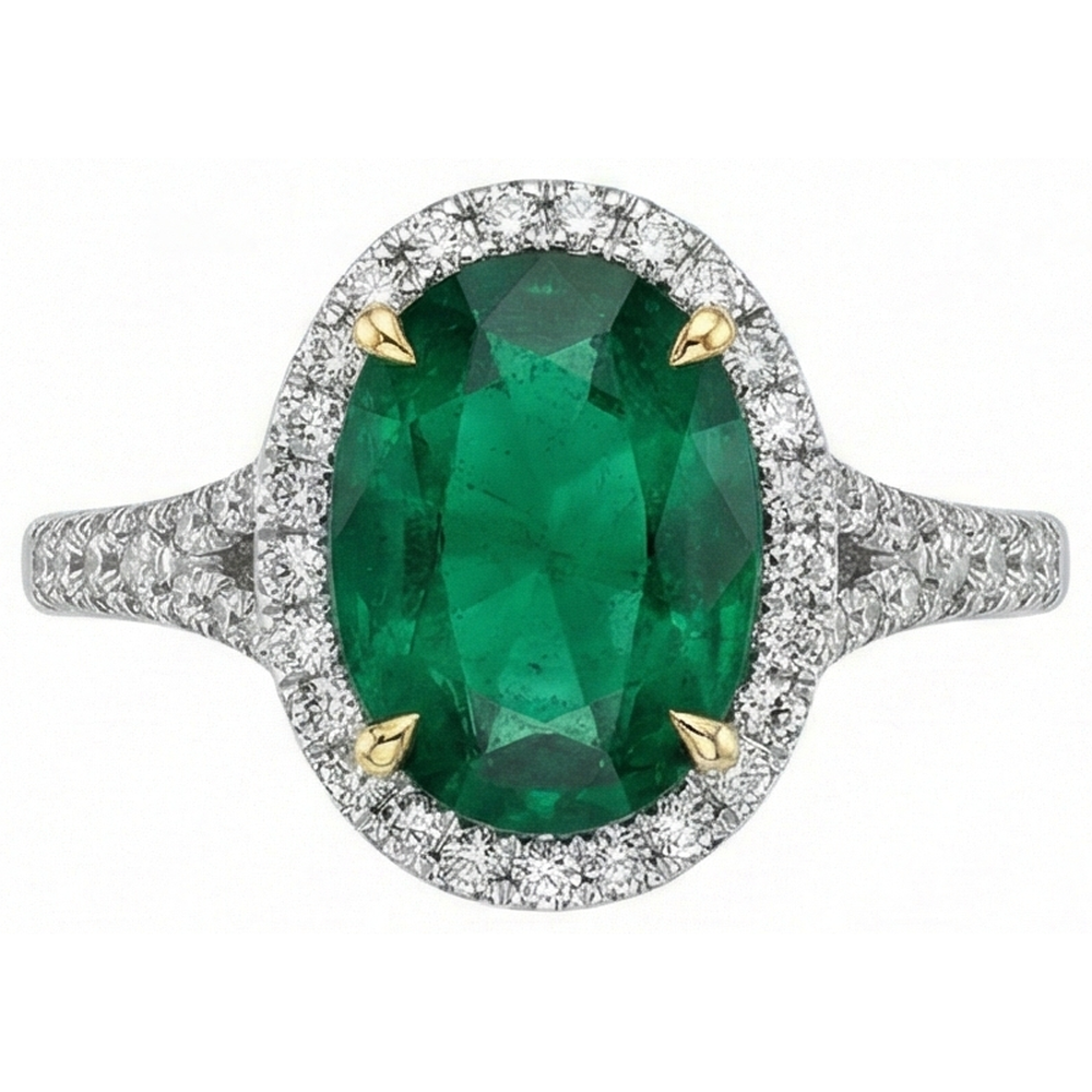 3 carati taglio ovale verde smeraldo con anello di diamanti in oro bianco 14k