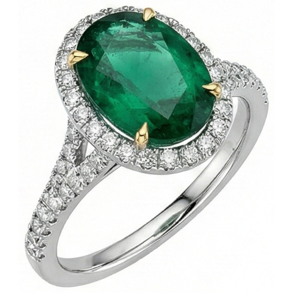 3 carati taglio ovale verde smeraldo con anello di diamanti in oro bianco 14k