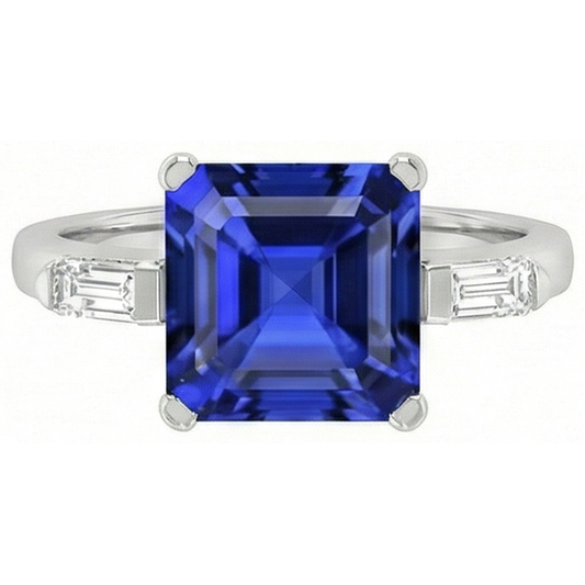 3 pietre baguette anello di diamanti Asscher Ceylon blu zaffiro 4 carati